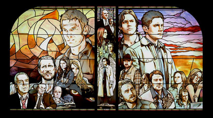 Stined glass picture of Dean, Sam, Lucifer and Cas and the angels...